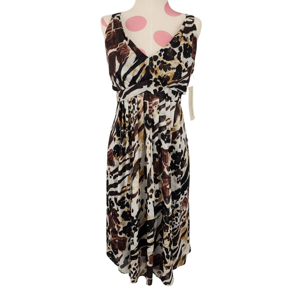 NWT Evan-Picone Dress Animal Print Flowy Sleeveless 12 Pleated Front Midi